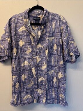 Sportif Blue Fish Print Short-Sleeve Button-Up Shirt Men’s Size XL